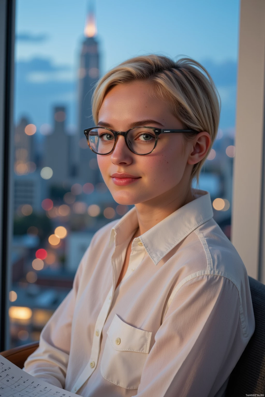 Человек в очках и белой рубашке сидит перед окном с видом на город.