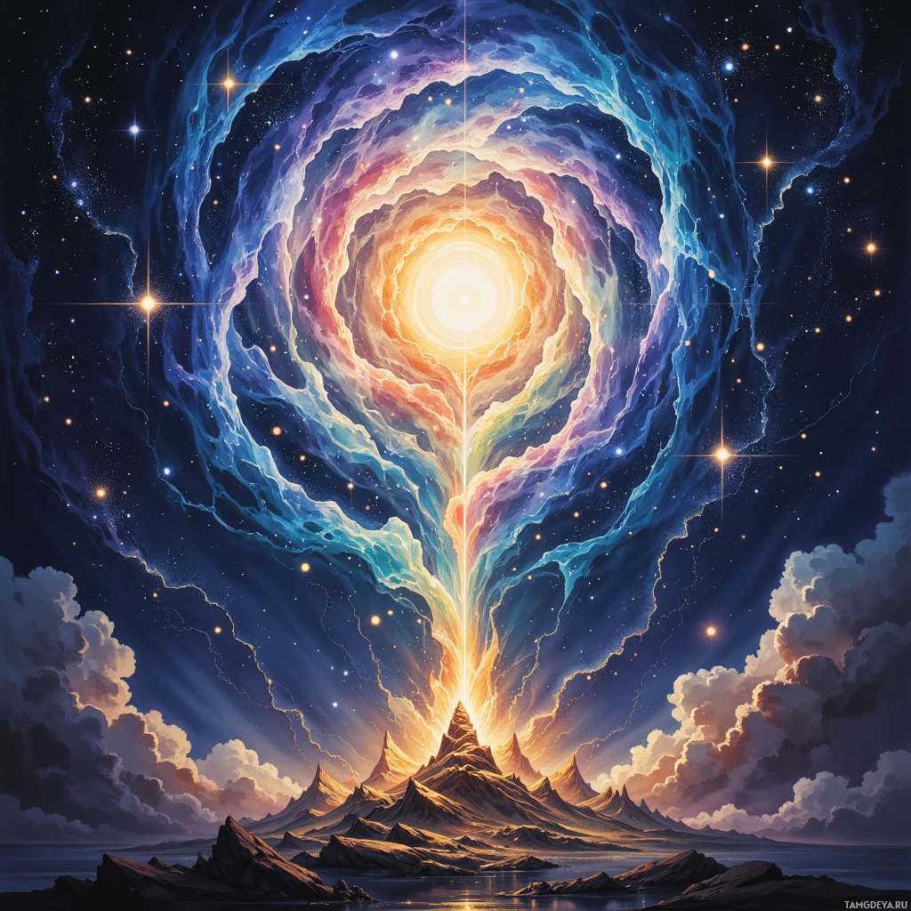 Яркая космическая сцена с закручивающейся галактикой и горным пейзажем под звездным небом.