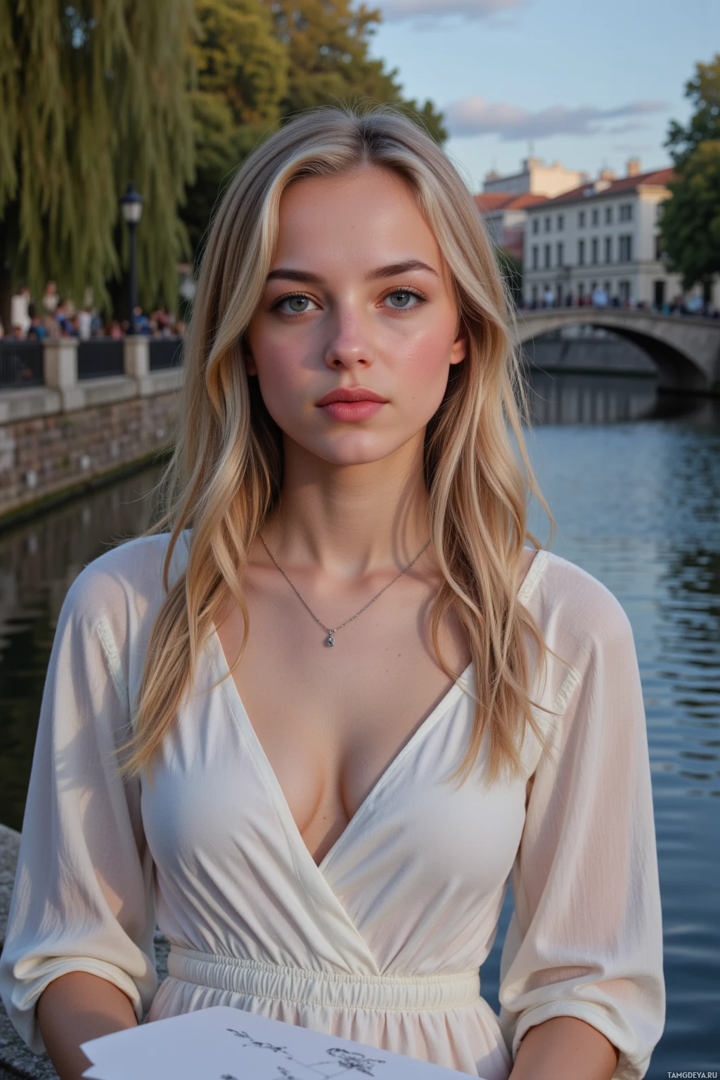 Женщина в белом платье стоит у реки, на заднем плане мост и деревья.