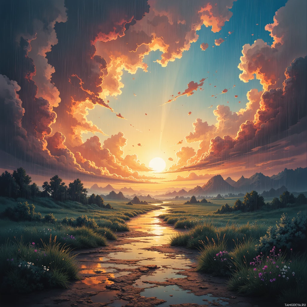 Безмятежный пейзаж с рекой, горами и ярким закатным небом.