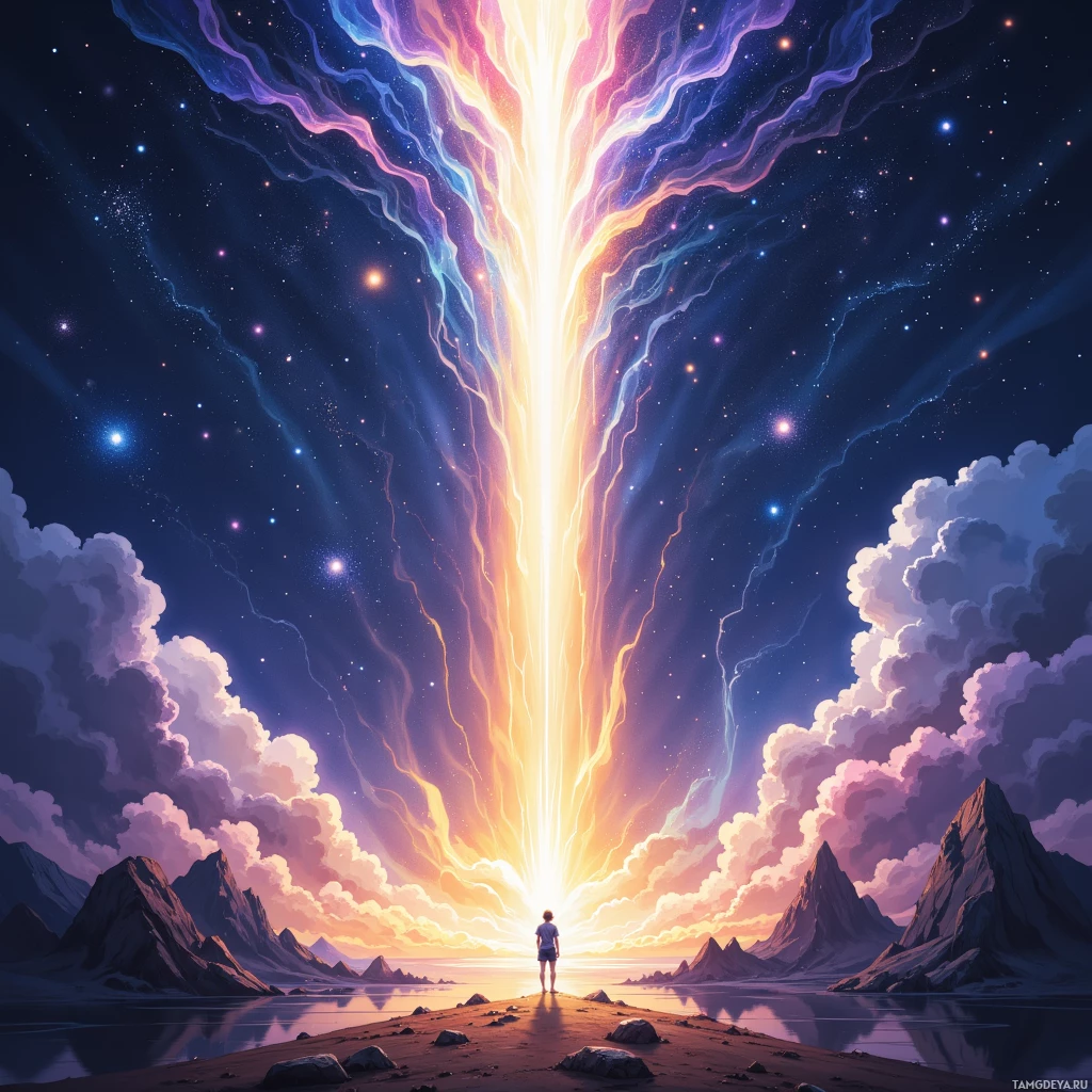 На скалистом острове стоит человек, взирая на яркий, разноцветный луч света, пронзающий ночное небо.