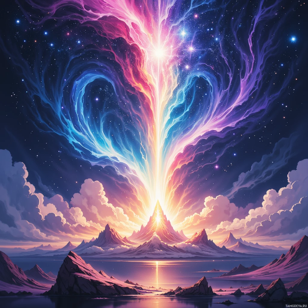 Яркий, космический пейзаж с сияющим источником света в центре, окружённым вращающимися туманностями и горами.