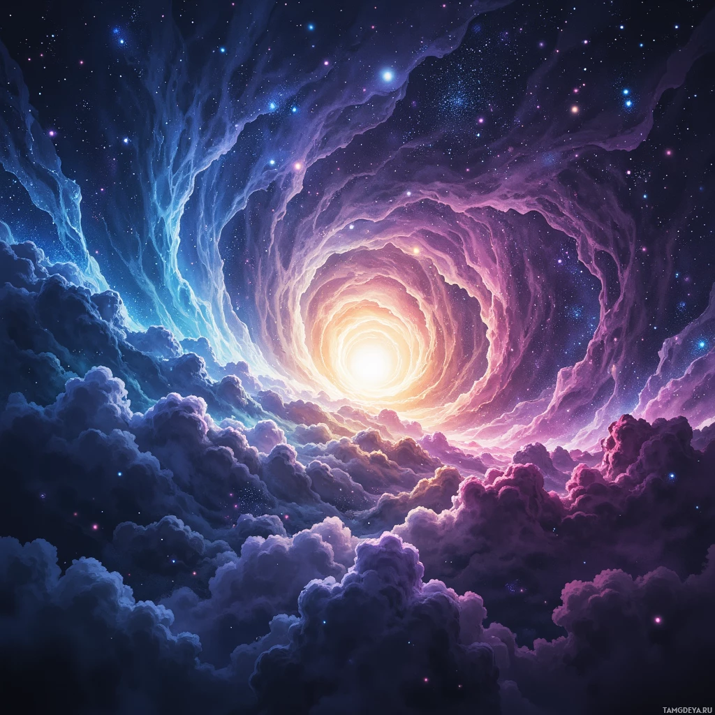 Яркая космическая сцена с завораживающей галактикой, светящимся центром и усеянным звездами фоном.