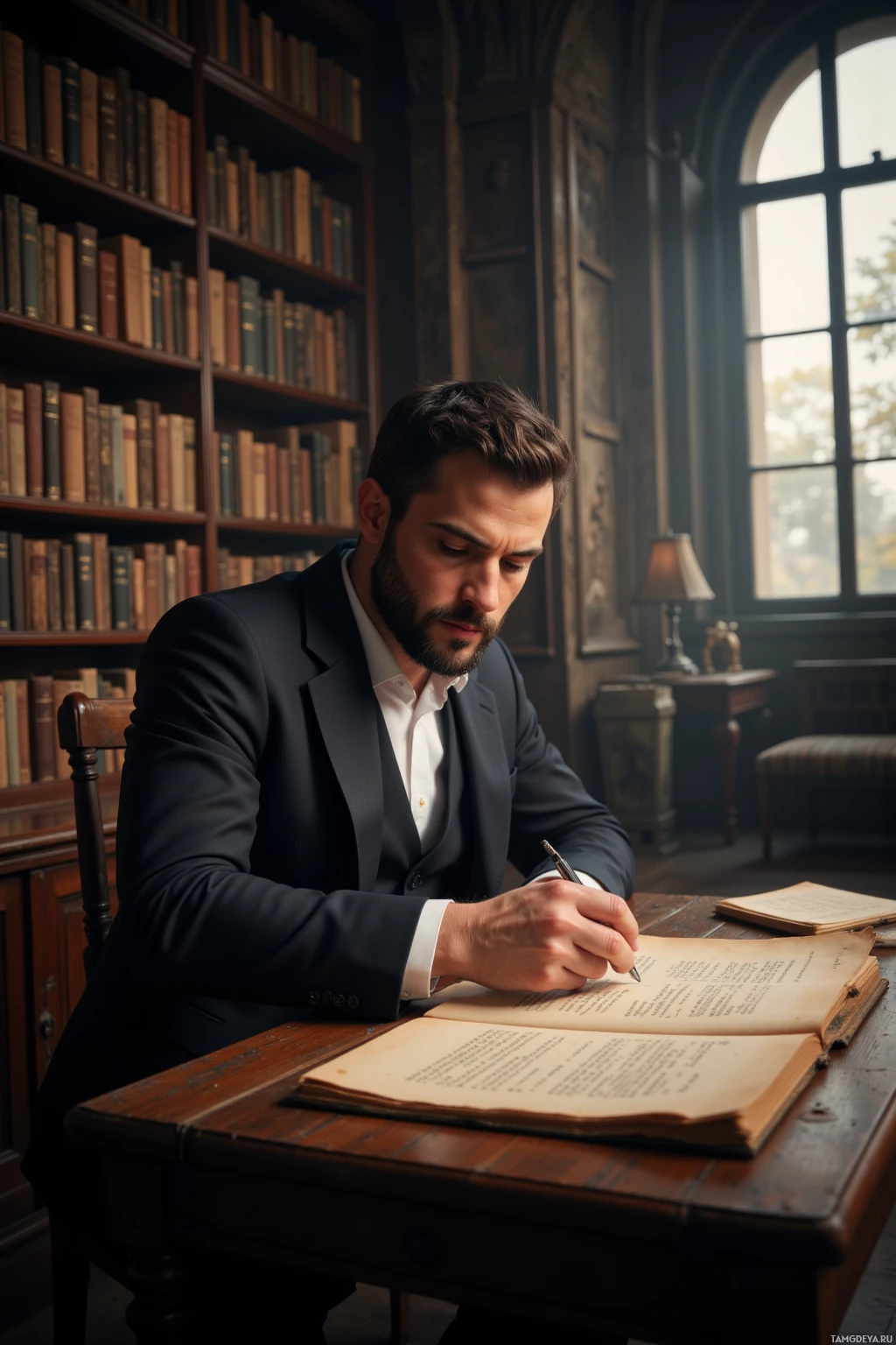 Мужчина в костюме пишет в блокноте за столом в библиотеке.