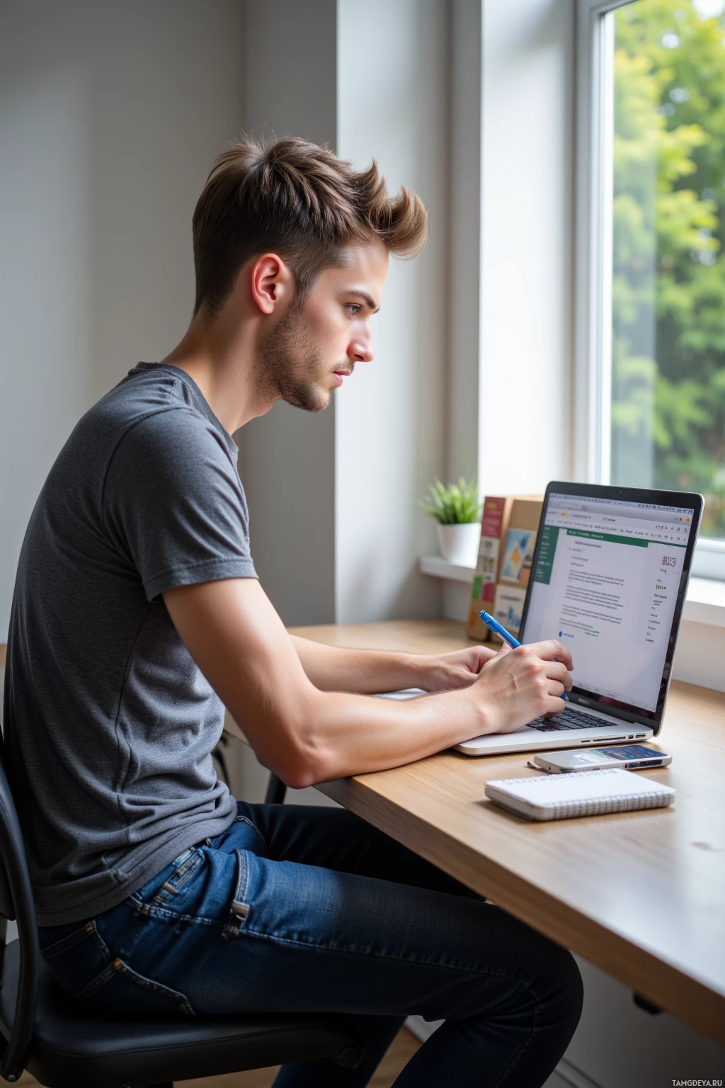 Человек сидит за столом и работает на ноутбуке, рядом лежат блокнот и ручка.