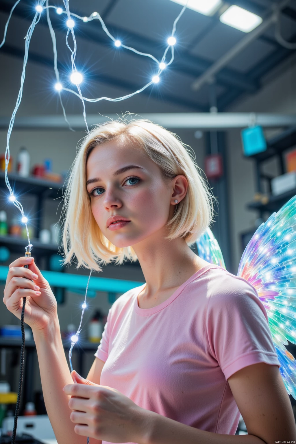 Человек в розовой рубашке держит гирлянду огней в комнате с полками и потолочным освещением.