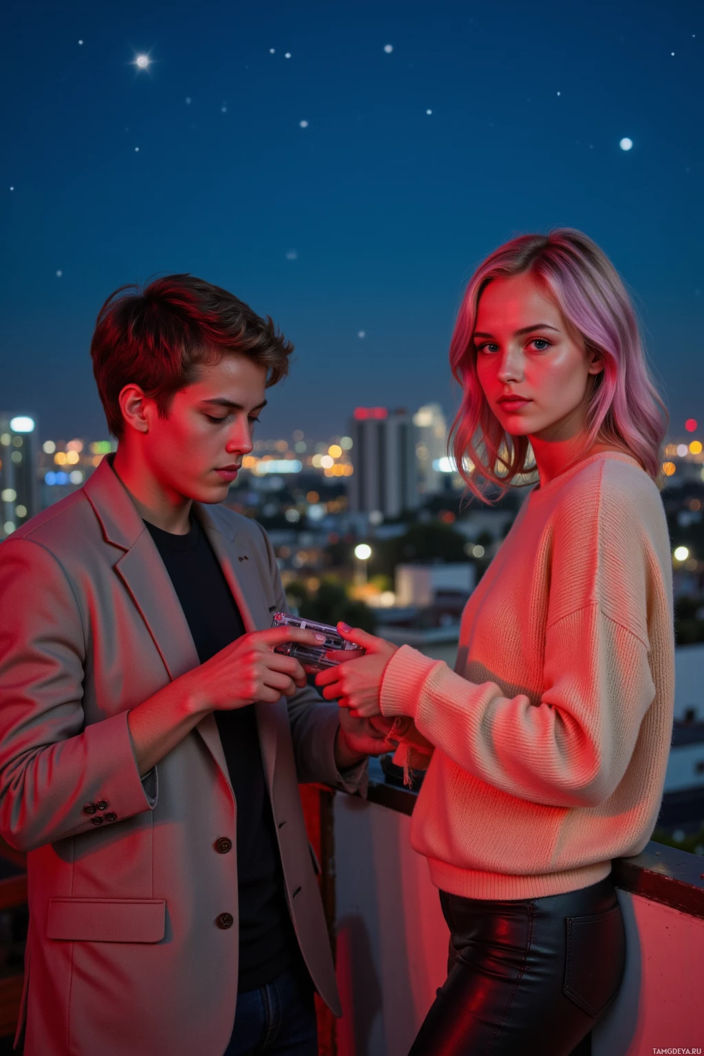 Двое людей стоят на крыше ночью, освещенные красным светом, на фоне городского пейзажа и звездного неба.