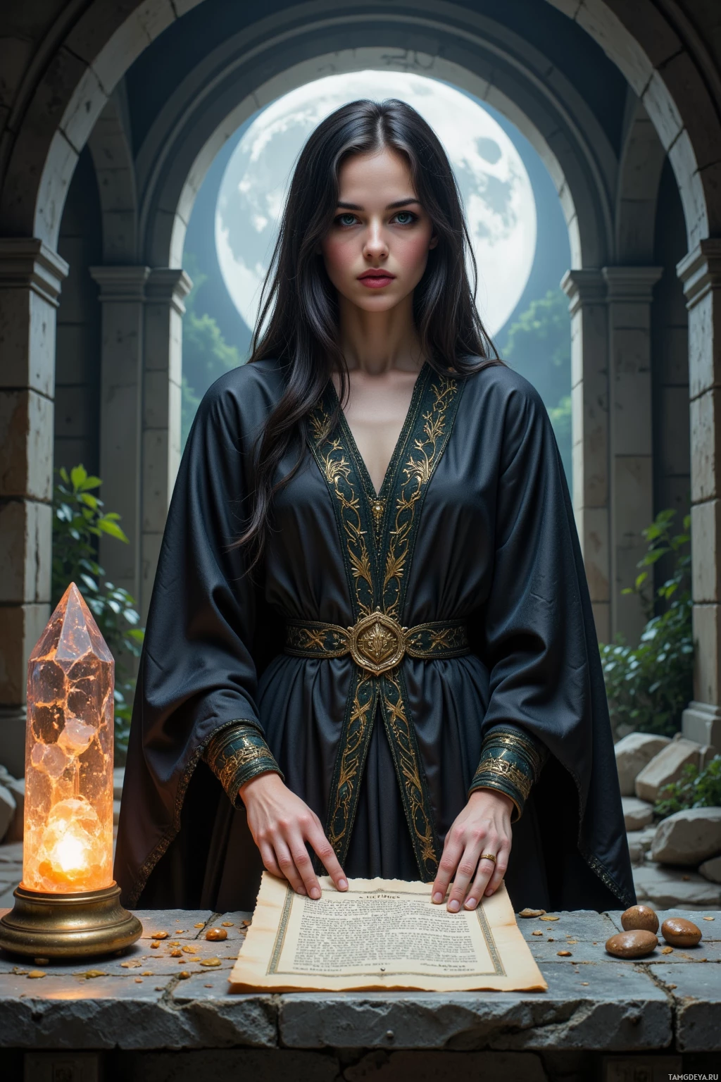 В арке стоит женщина в тёмном одеянии, держа в руках раскрытый свиток, рядом с ней горит кристальный светильник.