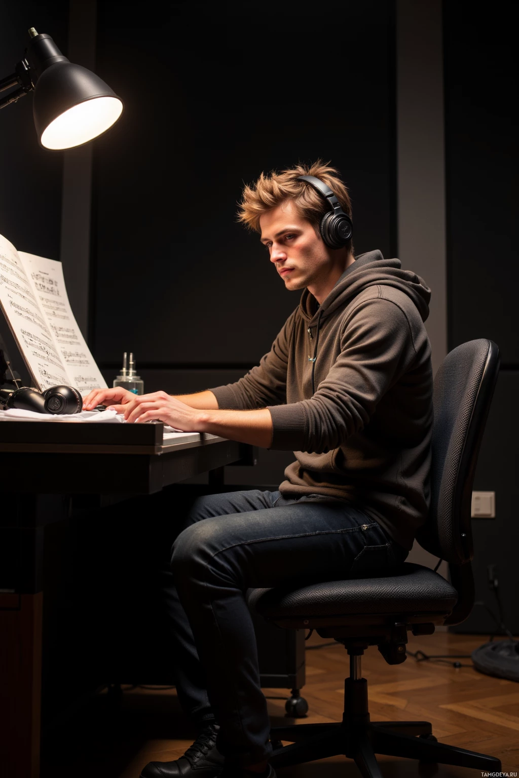 Человек в наушниках сидит за столом и печатает на клавиатуре.