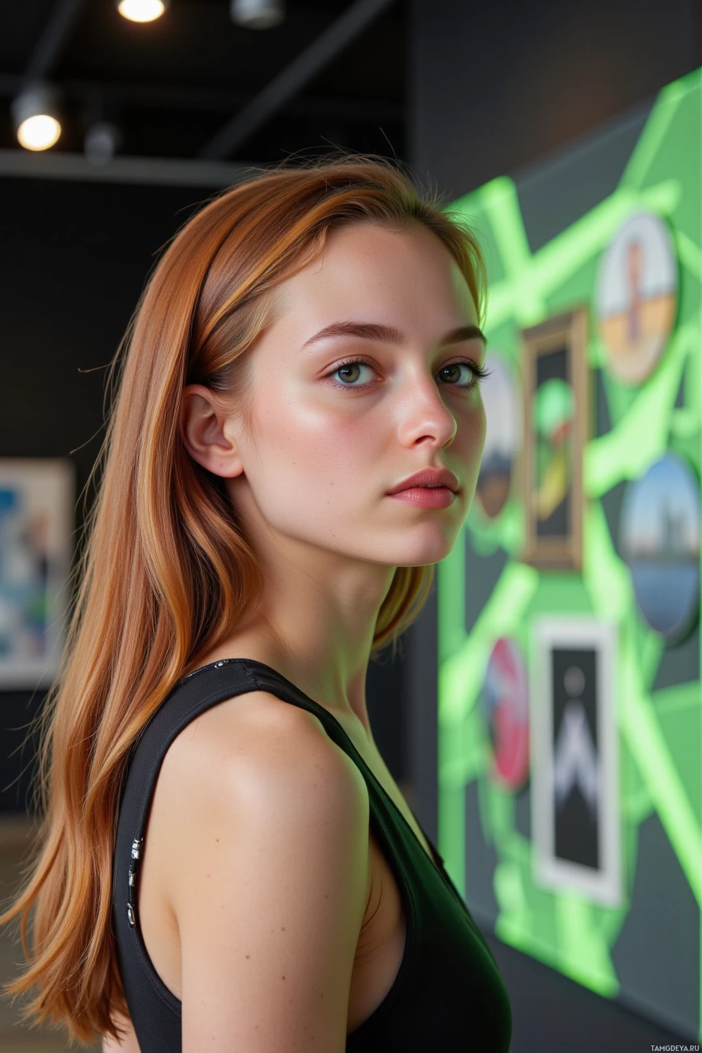 У женщины с длинными светло-каштановыми волосами, одетой в черную кофту, на заднем плане современный интерьер с отделкой в зеленых и черных тонах.