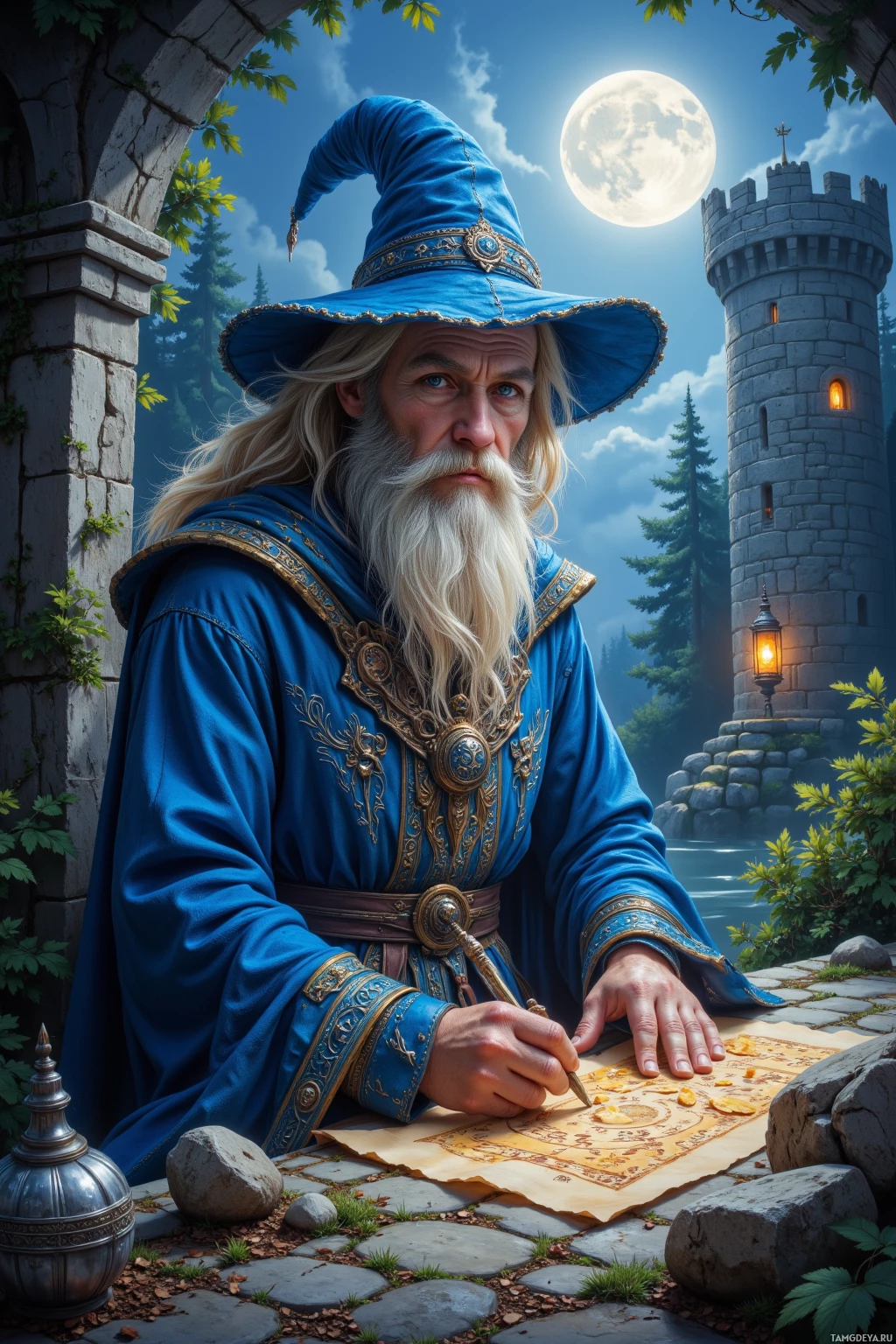 Волшебник в синем балахоне и остроконечном колпаке сидит за столом и пишет на пергаменте под полной луной.