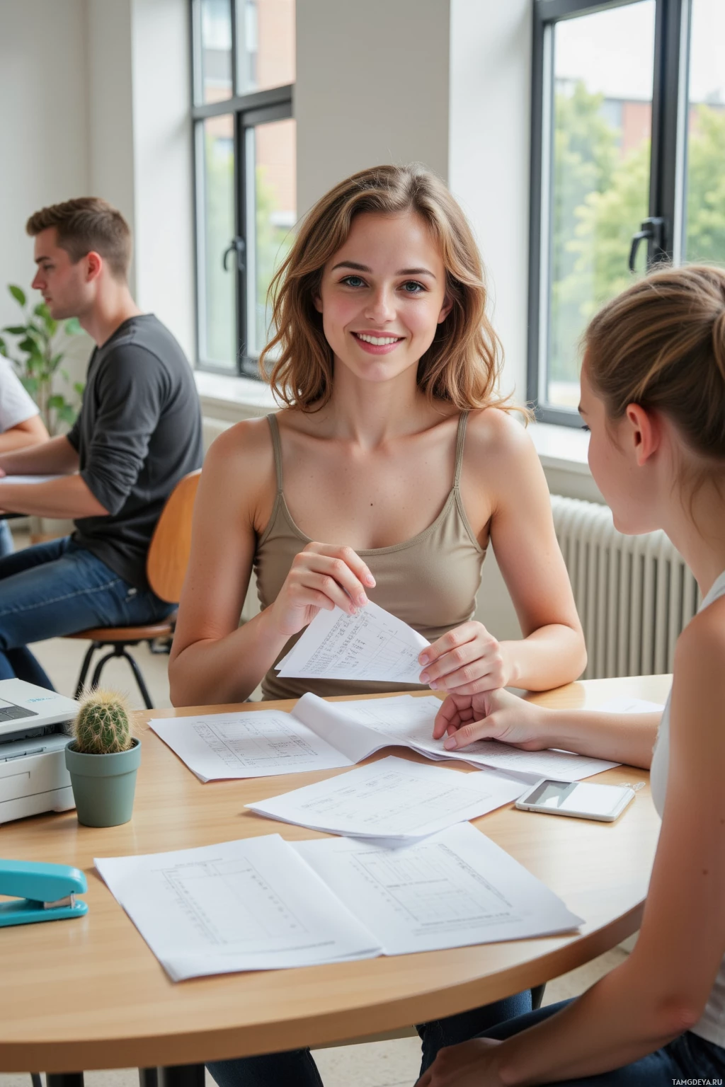 Два человека обсуждают что-то за столом, усыпанным бумагами и калькулятором, в классной комнате.