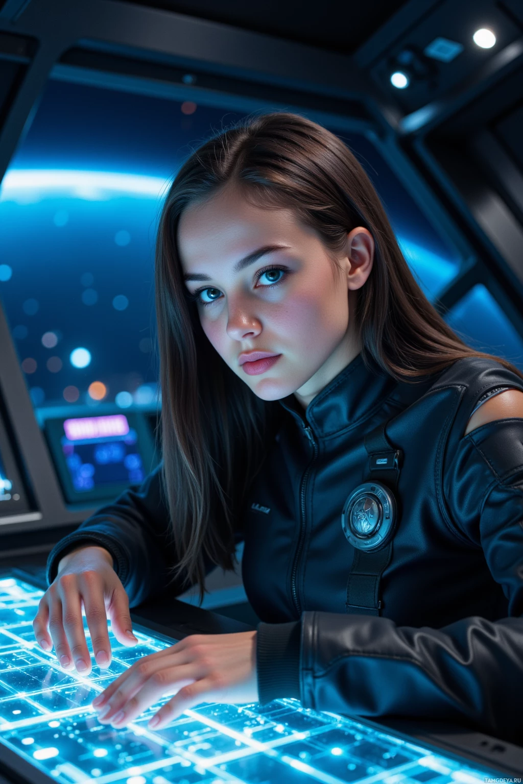 Человек в футуристической обстановке взаимодействует с светящимся, высокотехнологичным интерфейсом.