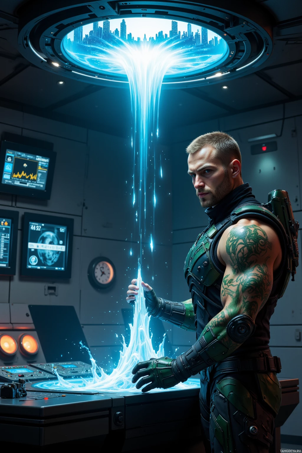 Персонаж, одетый в футуристический костюм, стоит в высокотехнологичной комнате и управляет потоком светящейся энергии.