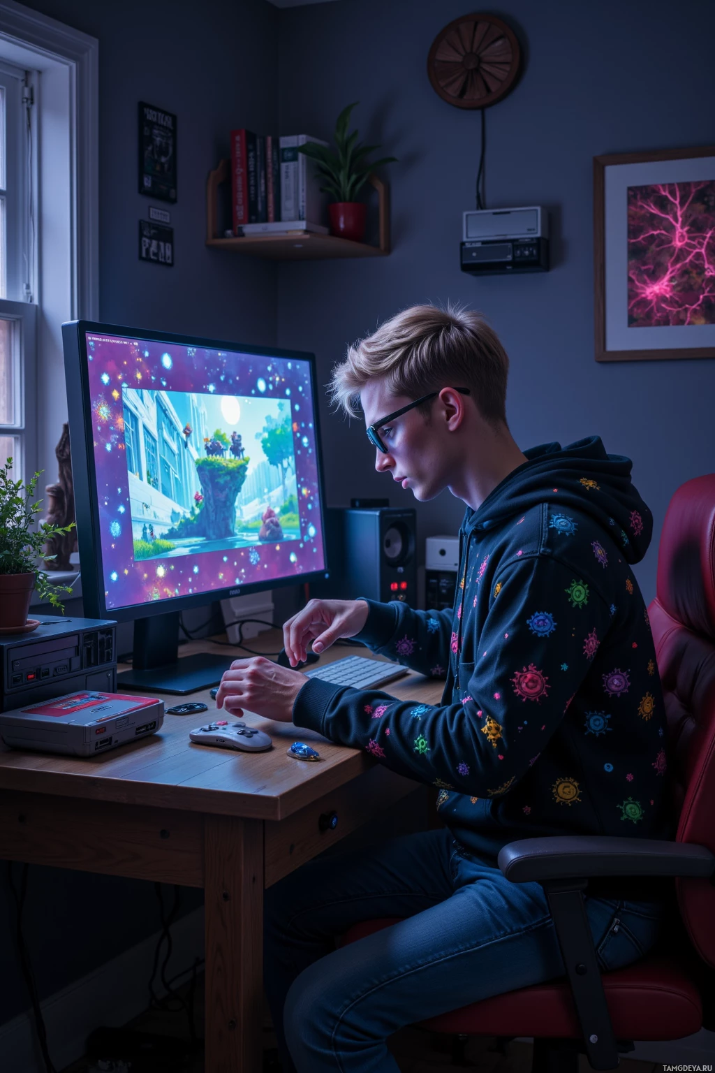 Человек сидит за столом и играет в видеоигру на мониторе компьютера.