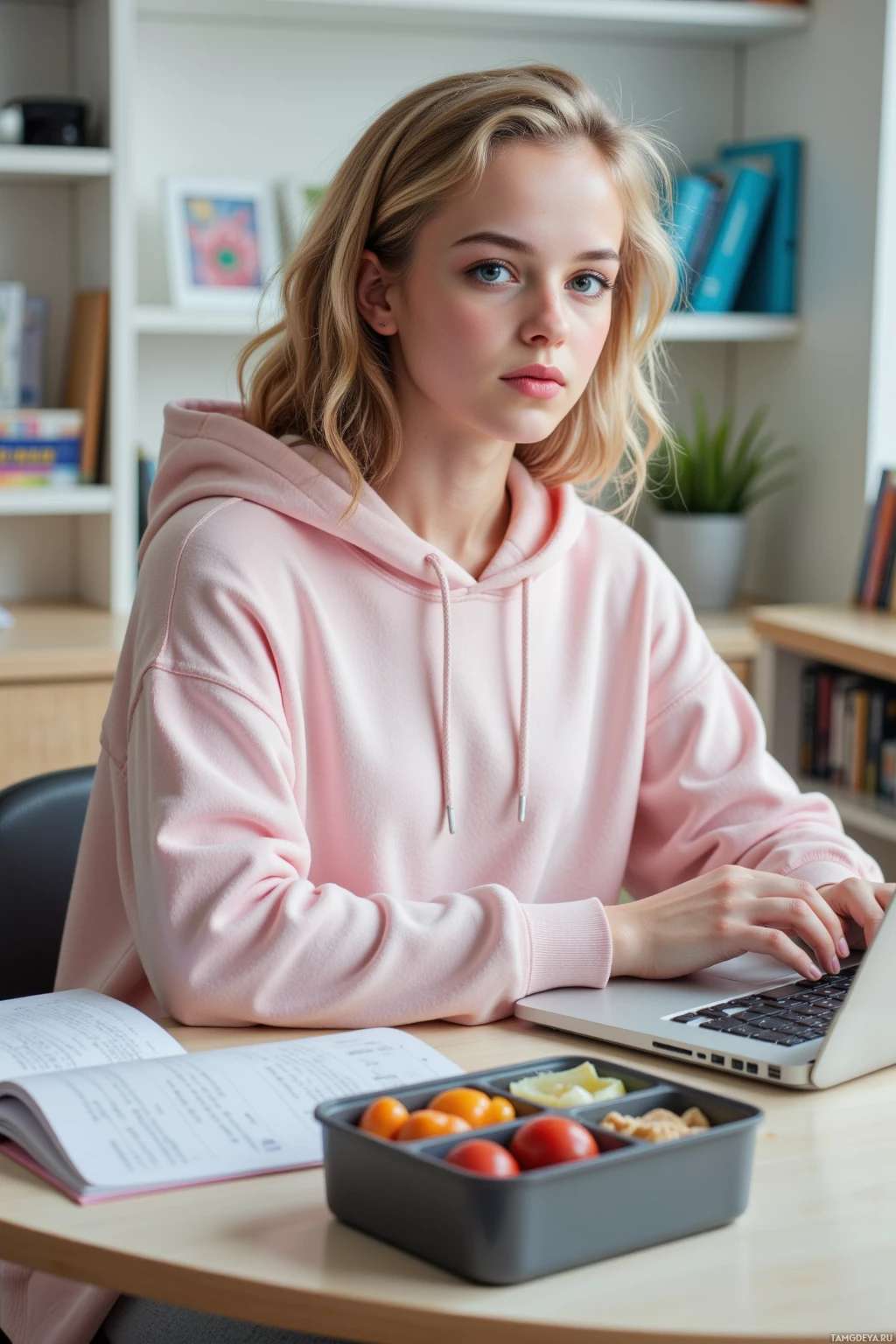 Человек в розовом худи сидит за столом с ноутбуком, книгой и ланч-боксом.