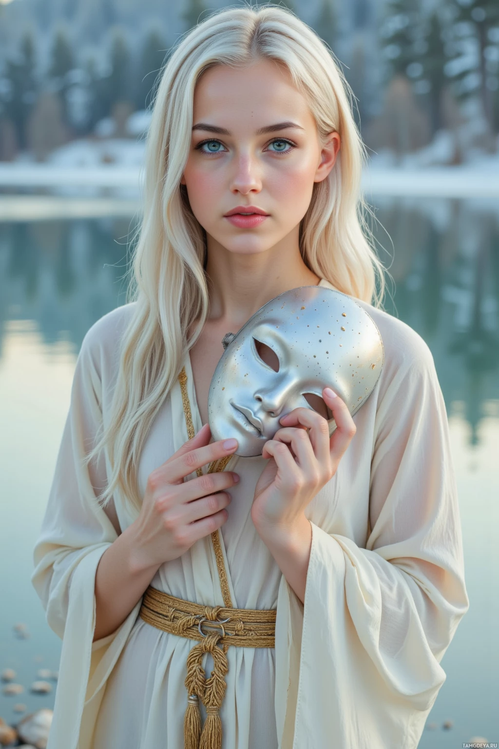 Человек с длинными светлыми волосами в белом одеянии держит металлическую маску у груди.