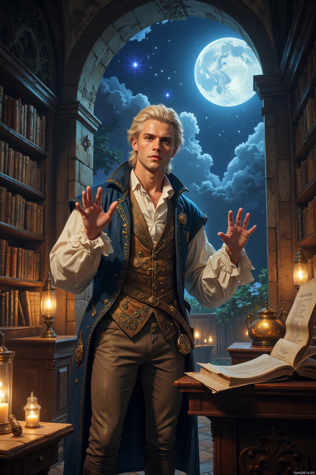 Мужчина в костюме, стилизованном под исторический, стоит в библиотеке, через арочное окно которой виднеется ночное небо и луна.