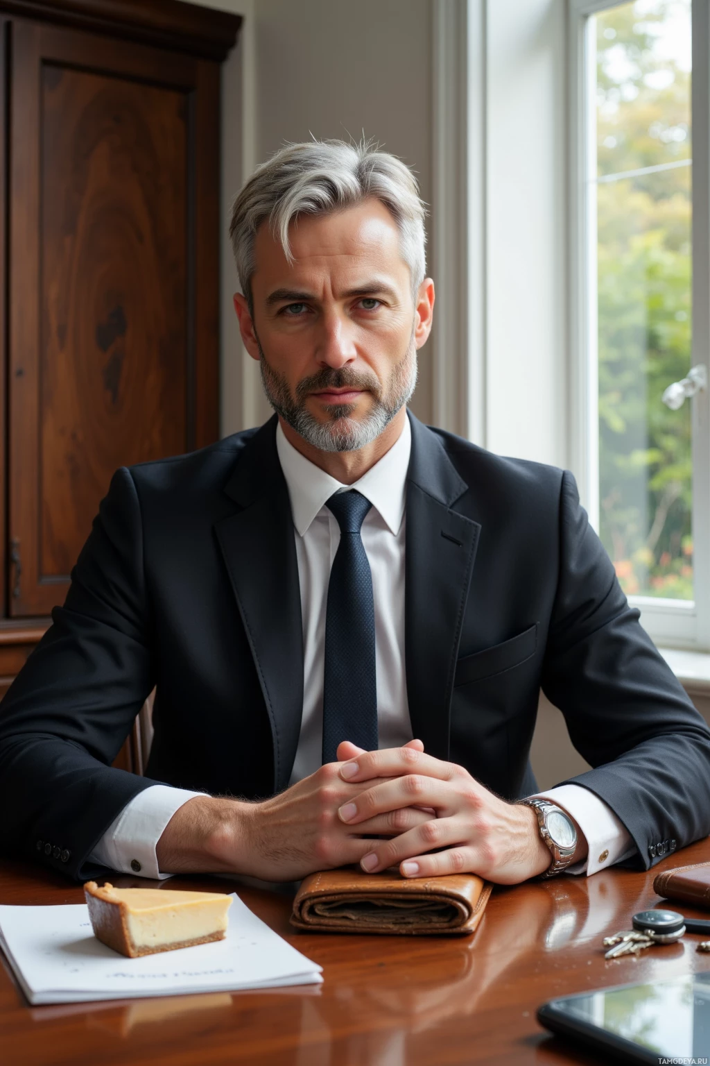 Мужчина в костюме сидит за столом, рядом с ним торт, кошелек и ключи.