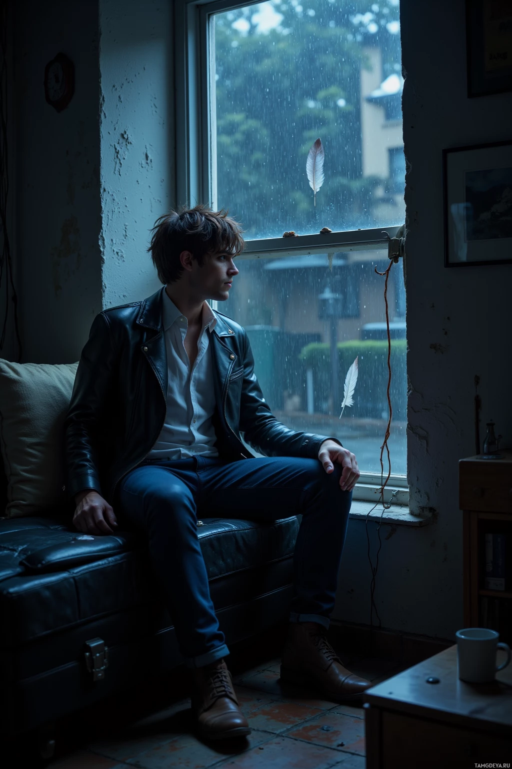 Человек задумчиво сидит у окна в дождливый день, на стекле лежит перо.