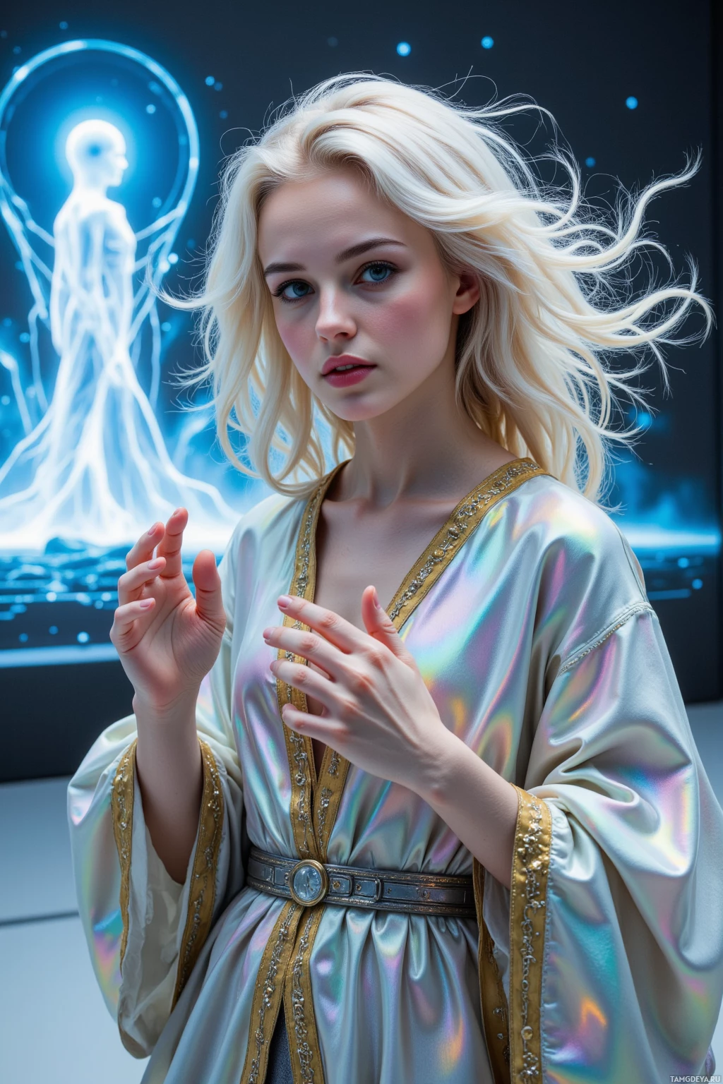 Женщина в струящемся, мерцающем одеянии на фоне сияющей фигуры.