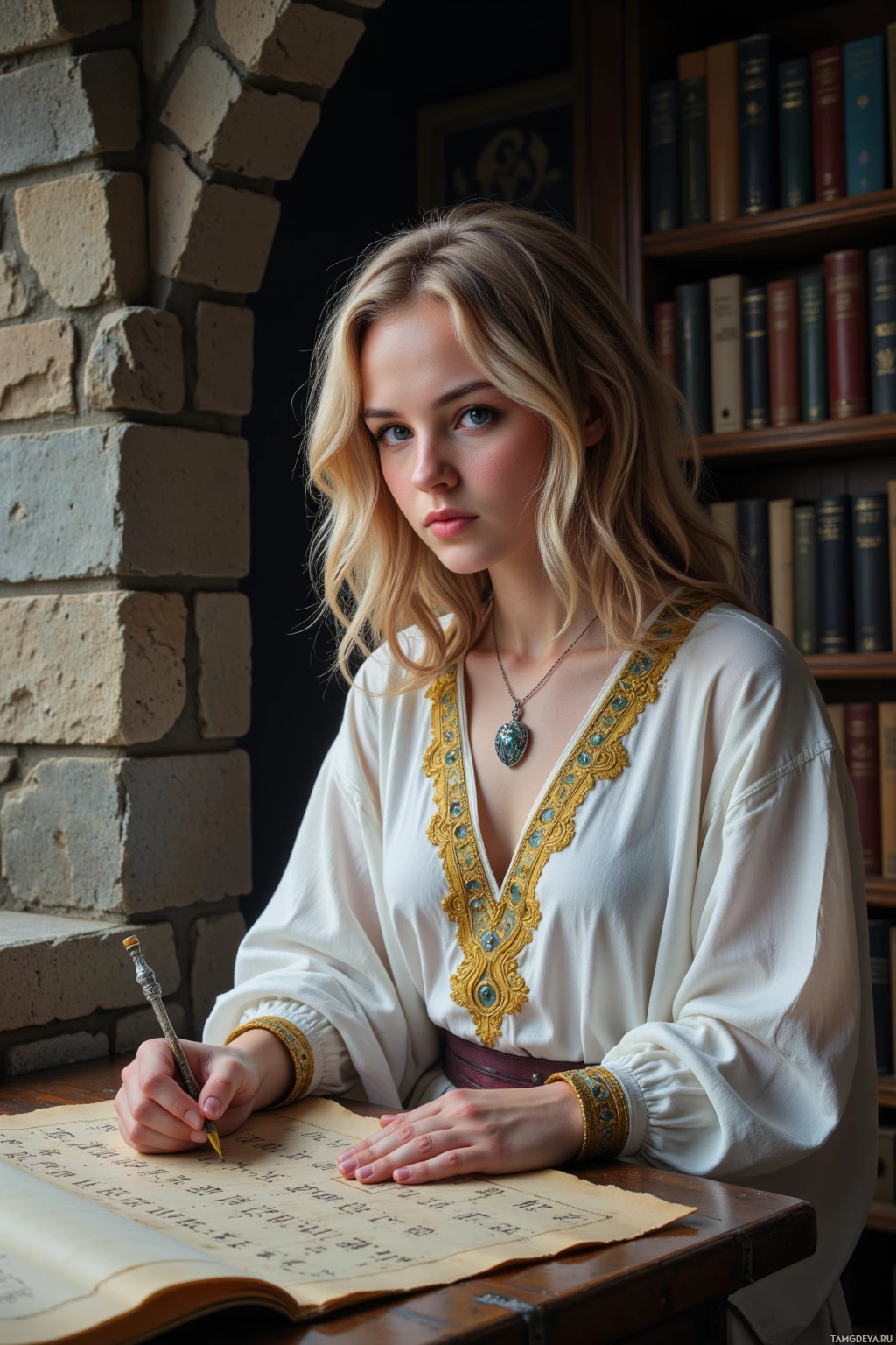 Женщина в белой блузке с золотой отделкой пишет на пергаменте.