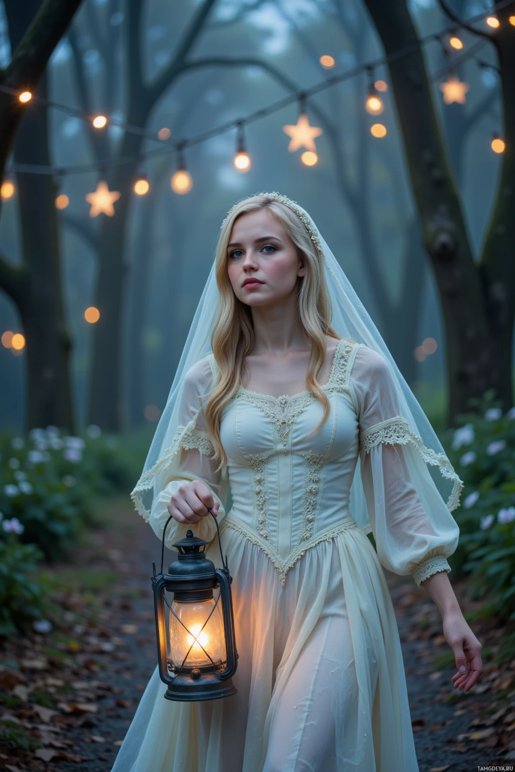 В туманном лесу женщина в белом платье и фате держит фонарь.