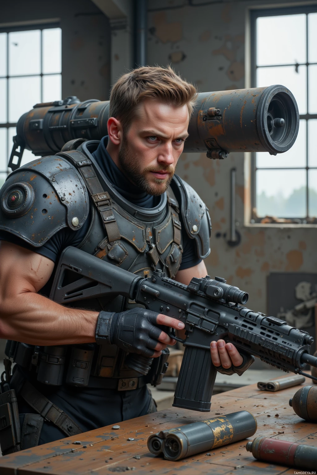 Мужчина в тактическом снаряжении держит винтовку и крупный реактивный гранатомет в полумраке комнаты.