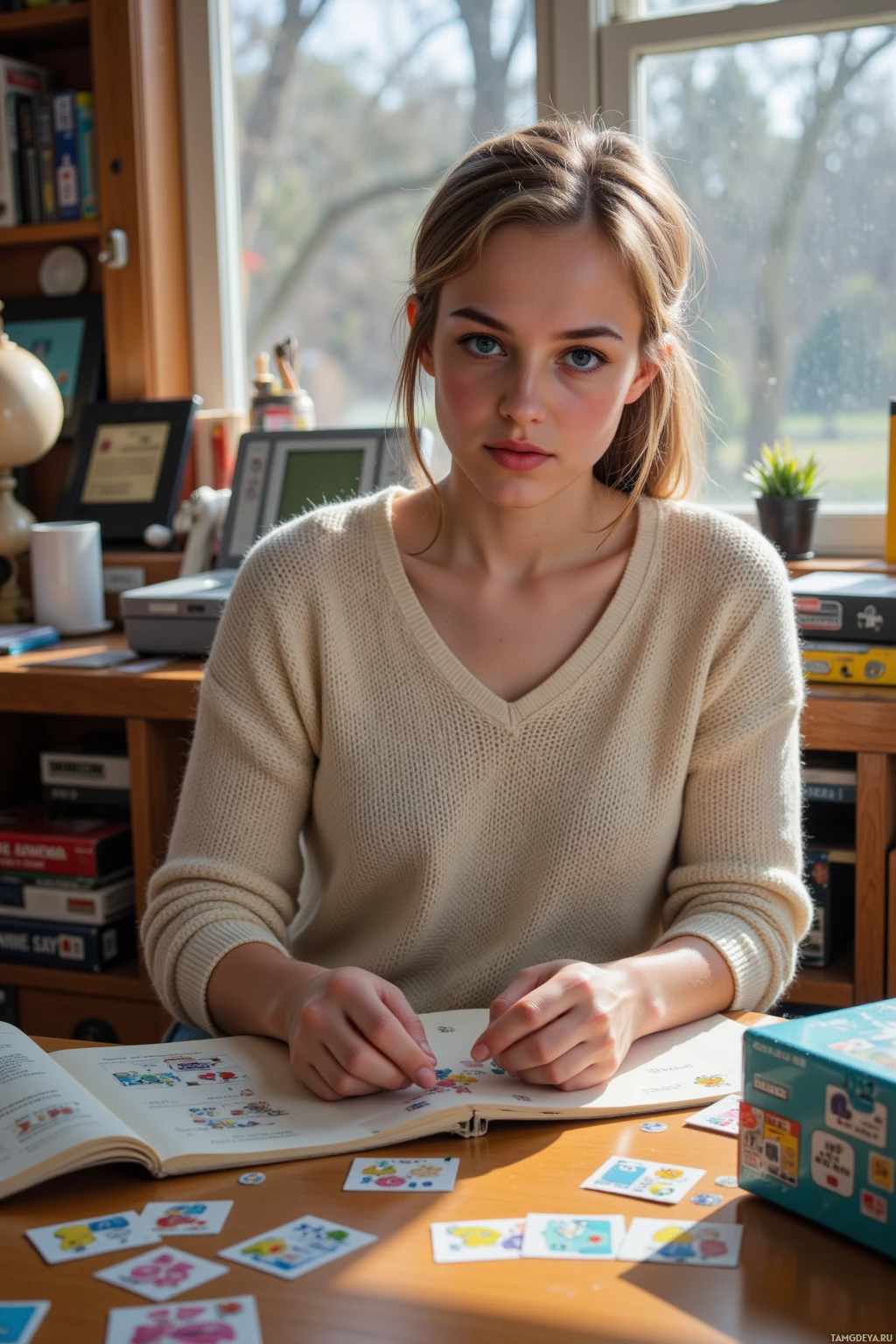 Человек сидит за столом с книгой и разбросанными картами в комнате с окном и книжными полками.