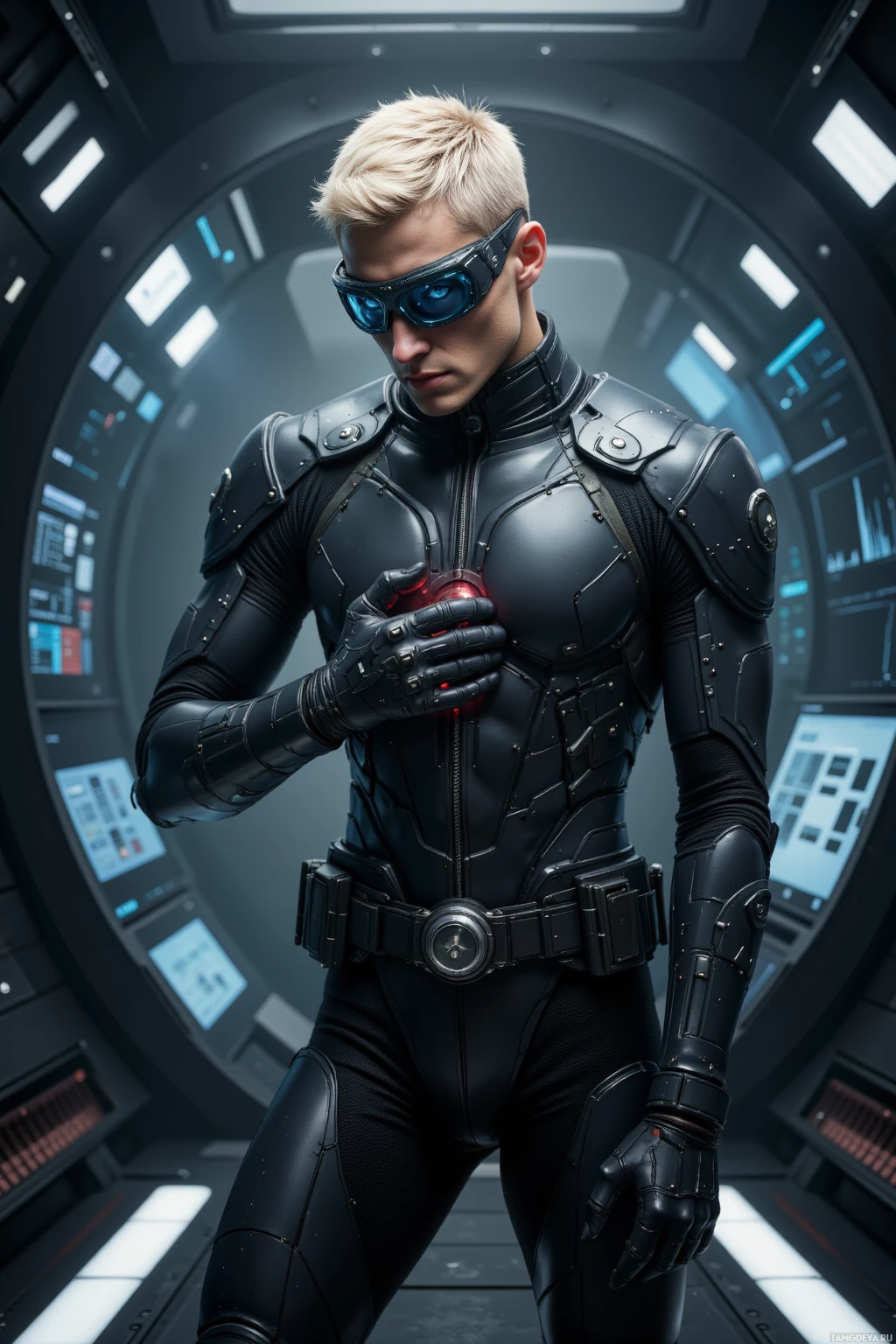 Человек в футуристическом бронированном костюме стоит в высокотехнологичной обстановке.