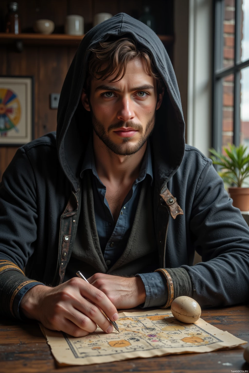 Мужчина в толстовке сидит за столом, держа в руках ручку и глядя на карту.
