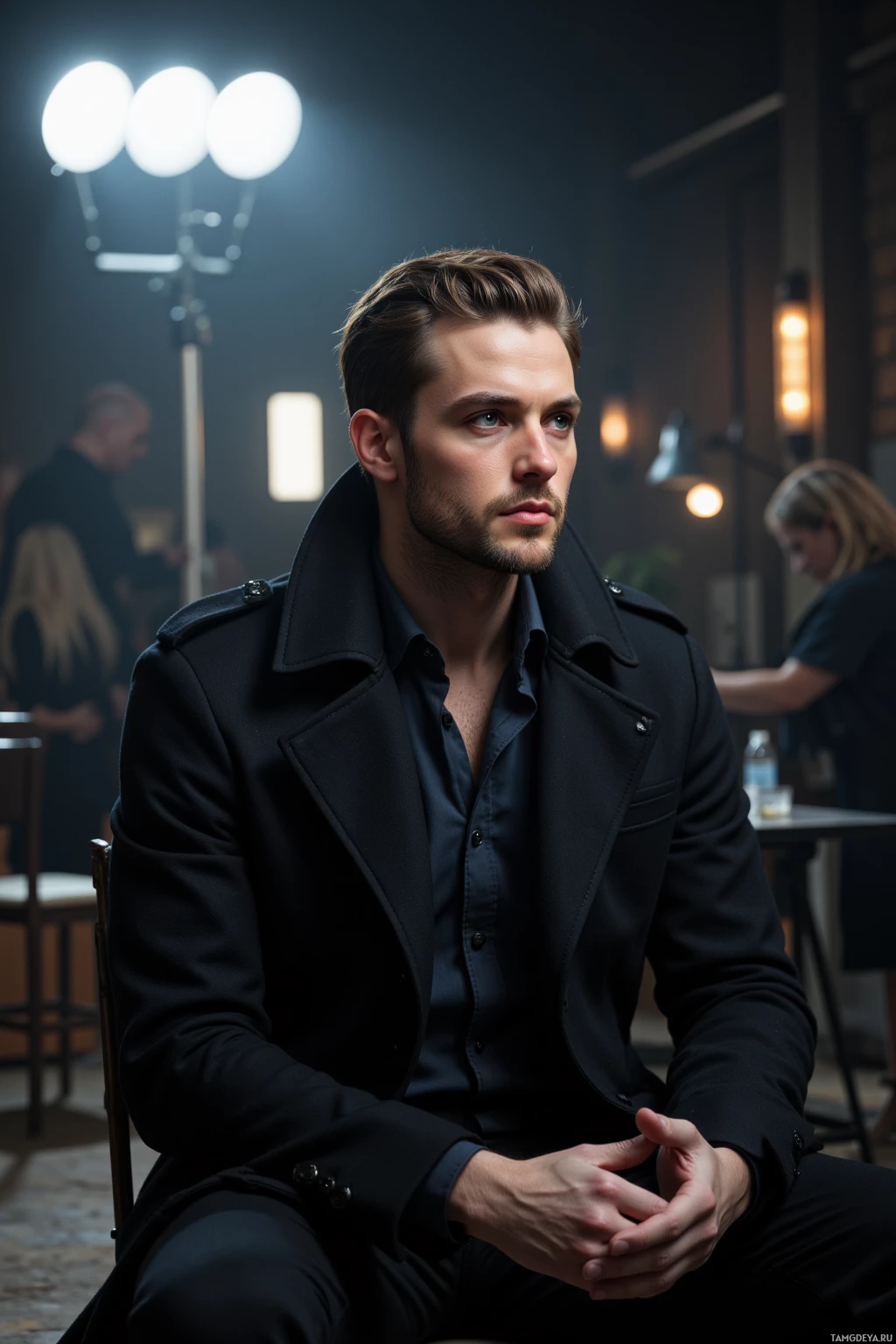 Мужчина в черном пальто и рубашке сидит в полумраке комнаты, освещенной мягким светом.