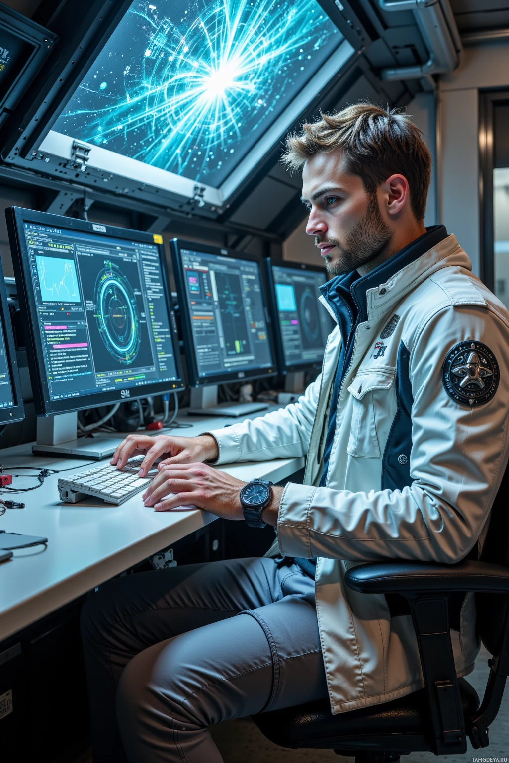 Человек в футуристичном рабочем пространстве, сосредоточенно смотрит на экран компьютера, на котором отображаются сложные данные.