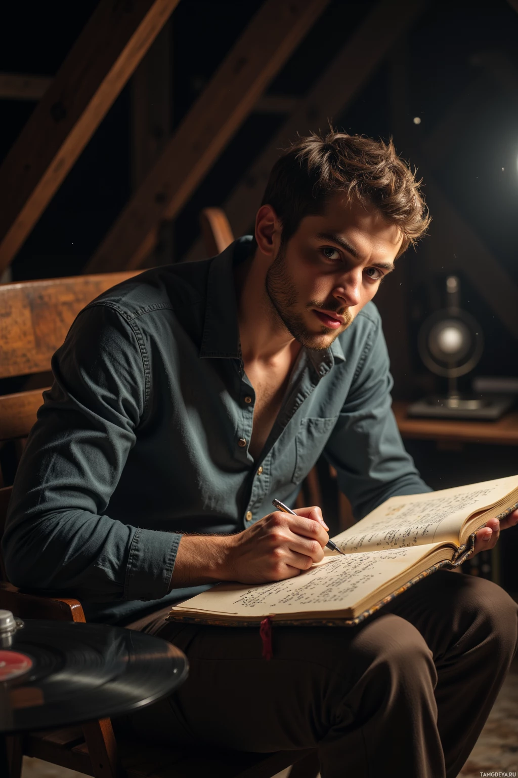 Мужчина сидит и что-то записывает в блокноте.