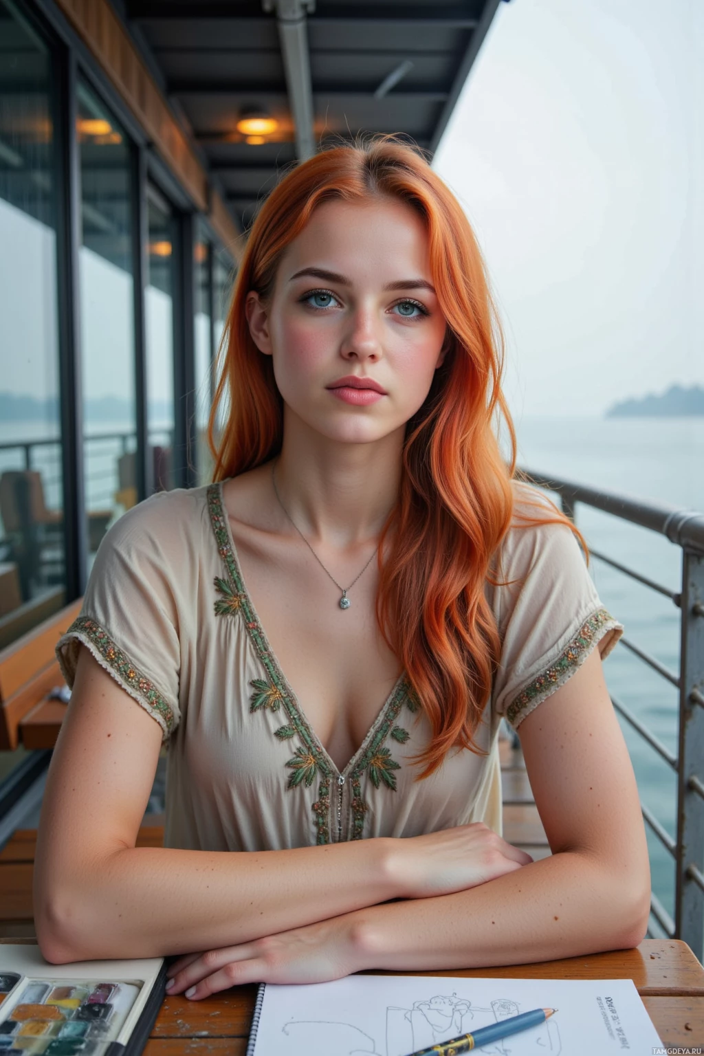 У стола, заставленного художественными материалами, сидит девушка с длинными рыжими волосами и смотрит прямо в камеру.