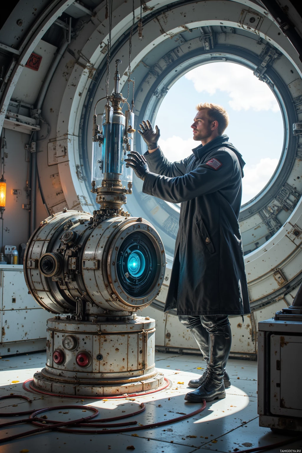 Человек в футуристической обстановке взаимодействует с светящимся высокотехнологичным устройством.