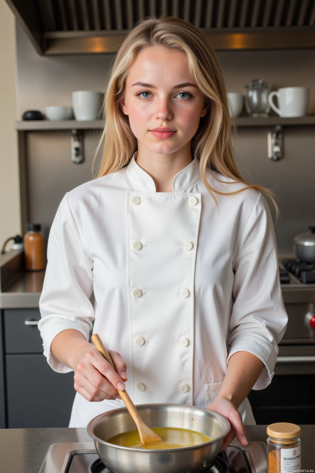 В кухне человек в белом поварском колпаке помешивает желчную массу в миске.