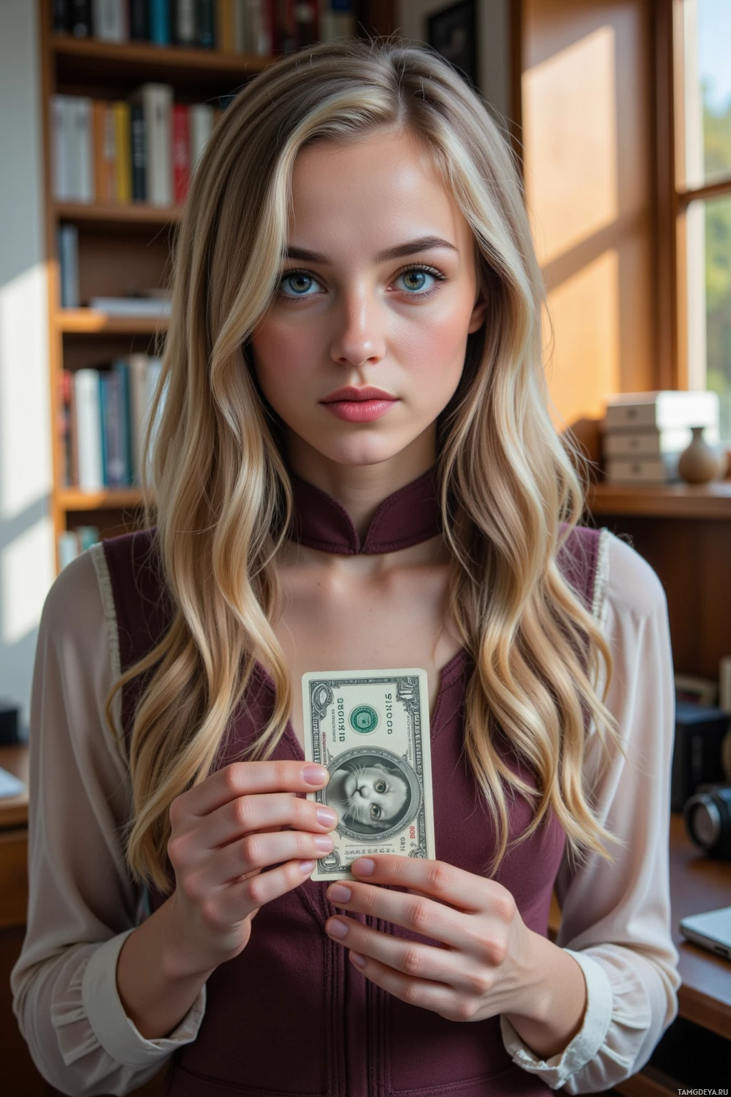 У женщины с длинными светлыми волосами в руках долларовая банкнота, она находится в библиотеке.