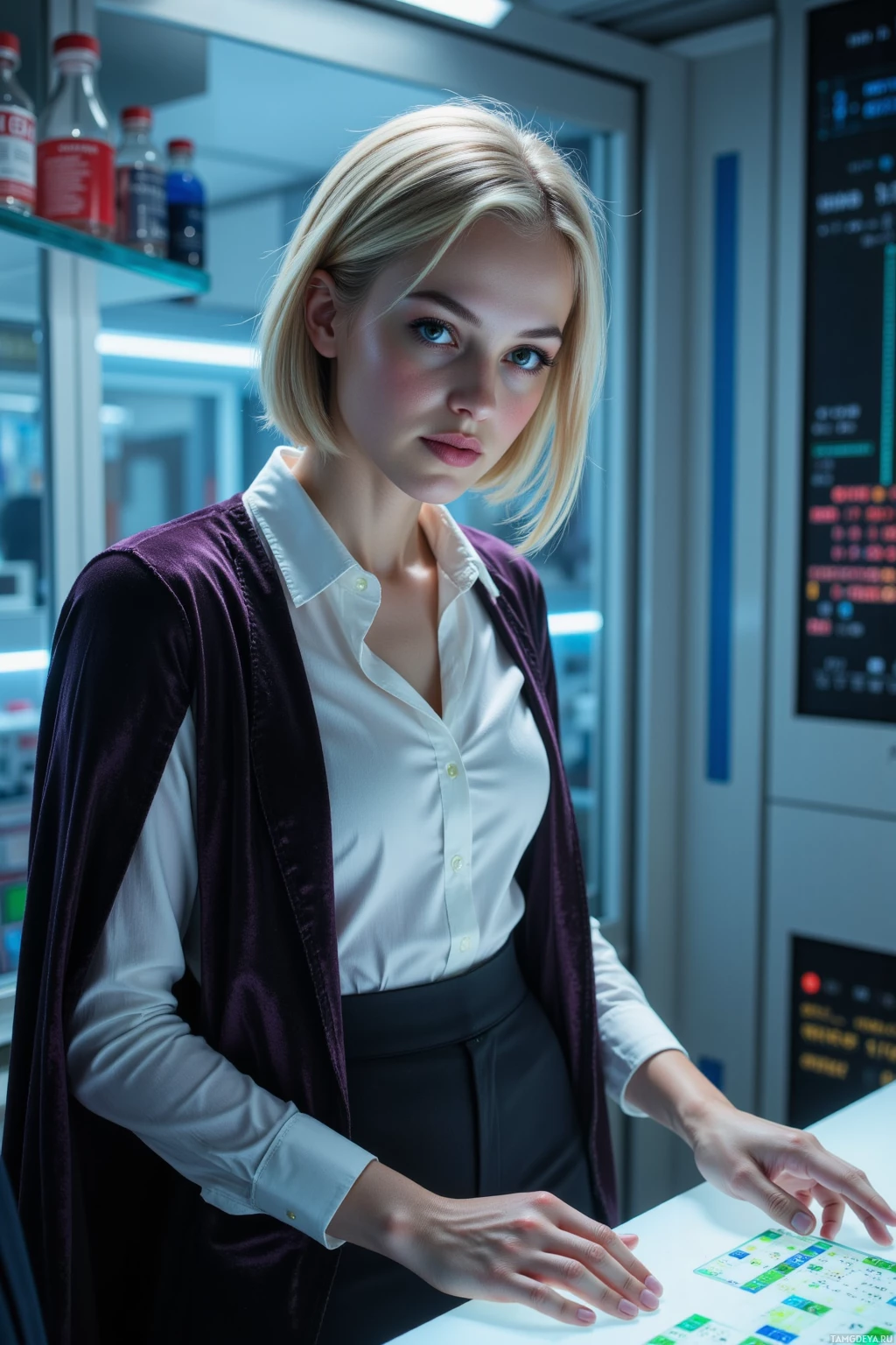 В лаборатории стоит женщина в белой рубашке и темном жилете, рядом с пульт управления.