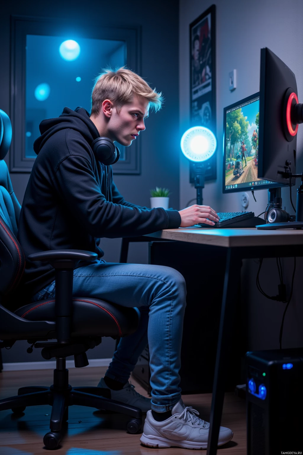 Человек сидит за столом, увлечённо глядя в экран компьютера, на котором запущена игра.