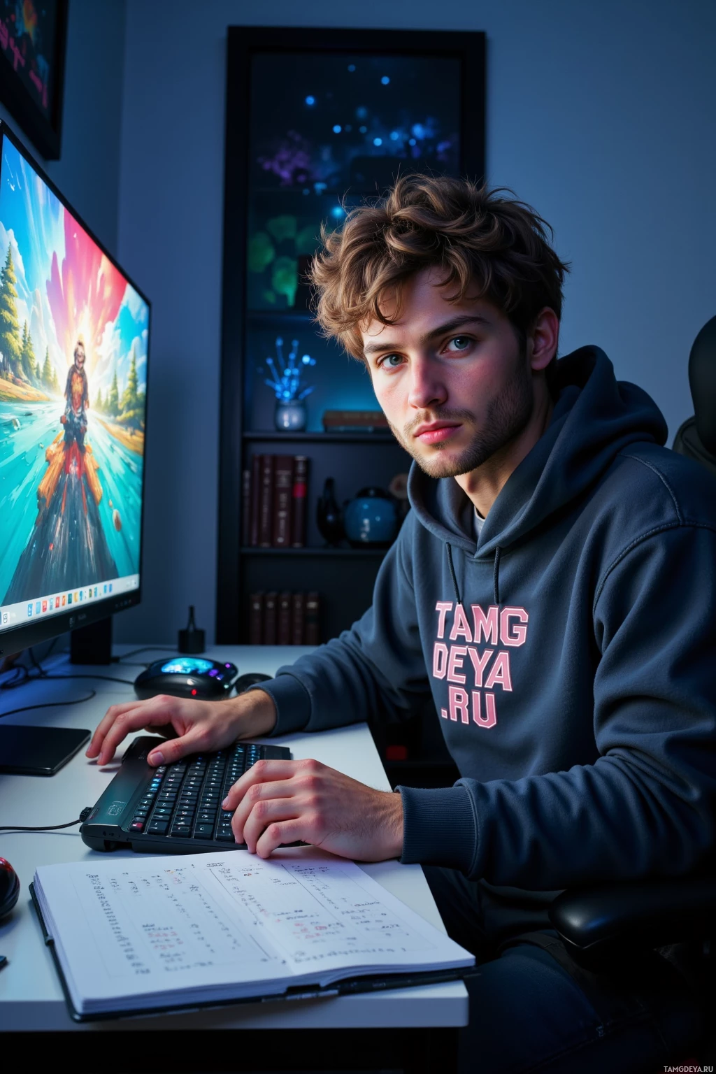 Человек в толстовке сидит за столом с компьютером, клавиатурой и блокнотом.