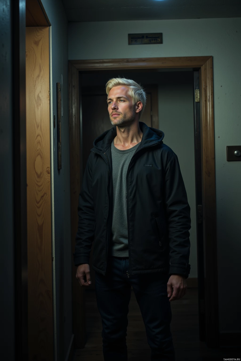 Мужчина стоит в полумраке коридора, одетый в черную куртку и джинсы.