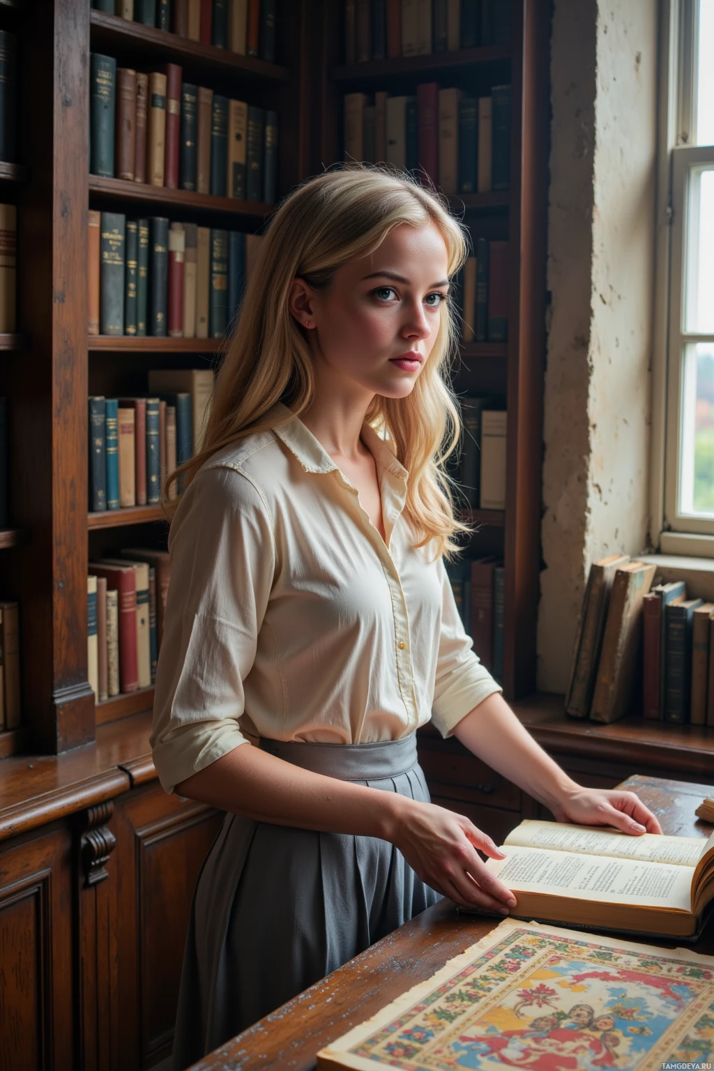 В библиотеке стоит женщина, держа в руках раскрытую книгу.