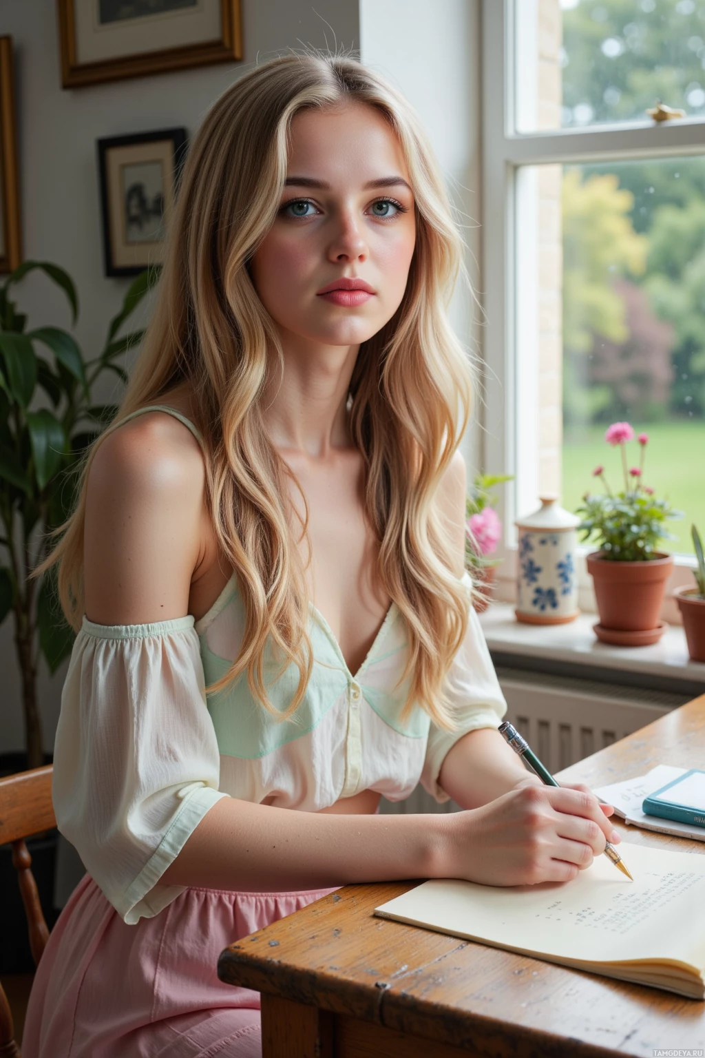 Молодая женщина с длинными светлыми волосами сидит за деревянным столом и что-то записывает в блокнот.