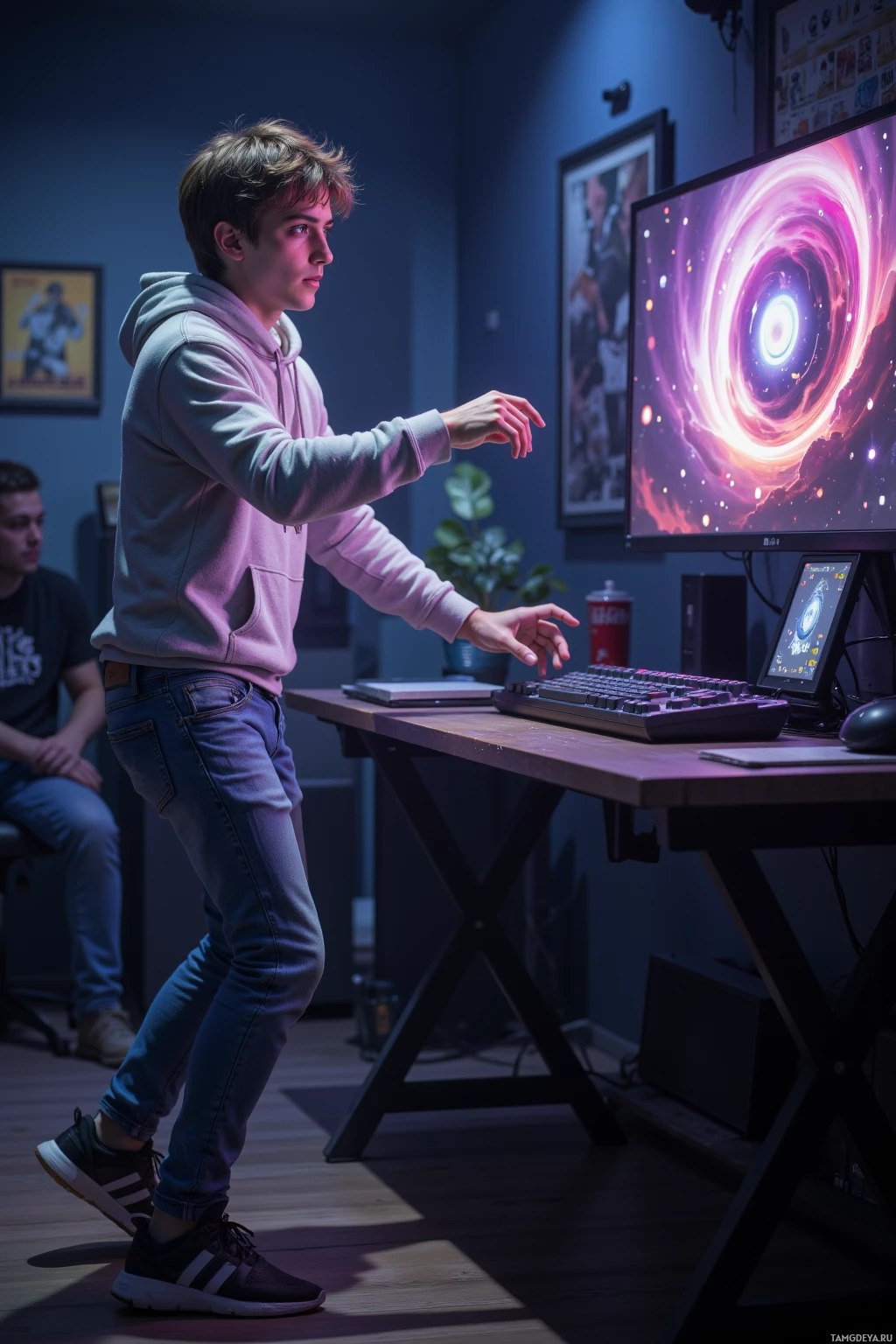 Молодой человек стоит перед компьютерным столом, жестикулируя рукой, в полумраке комнаты, освещенной ярким цветным экраном.
