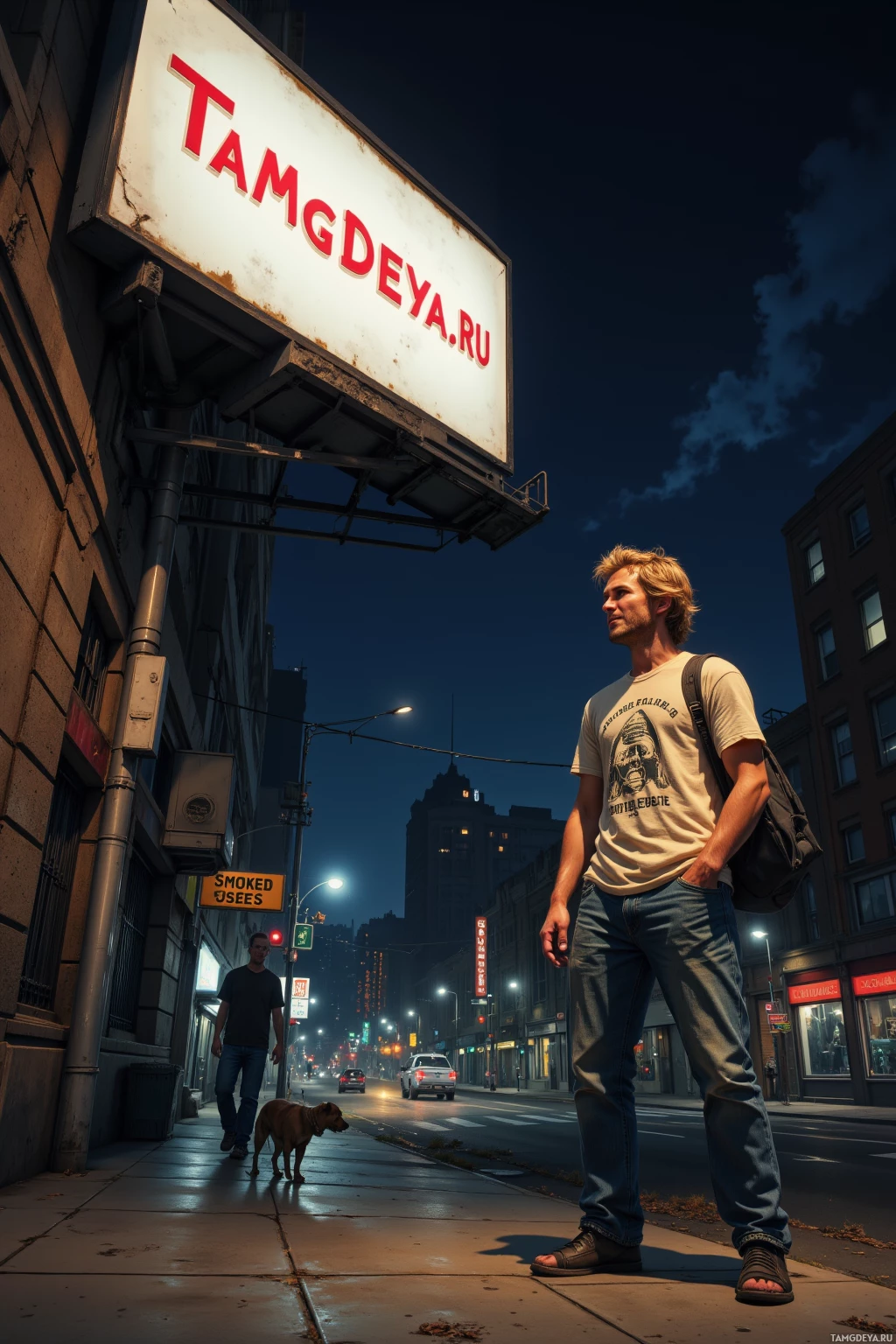 Мужчина выгуливает собаку по ночной городской улице под вывеской "TAMGDEYA.RU".