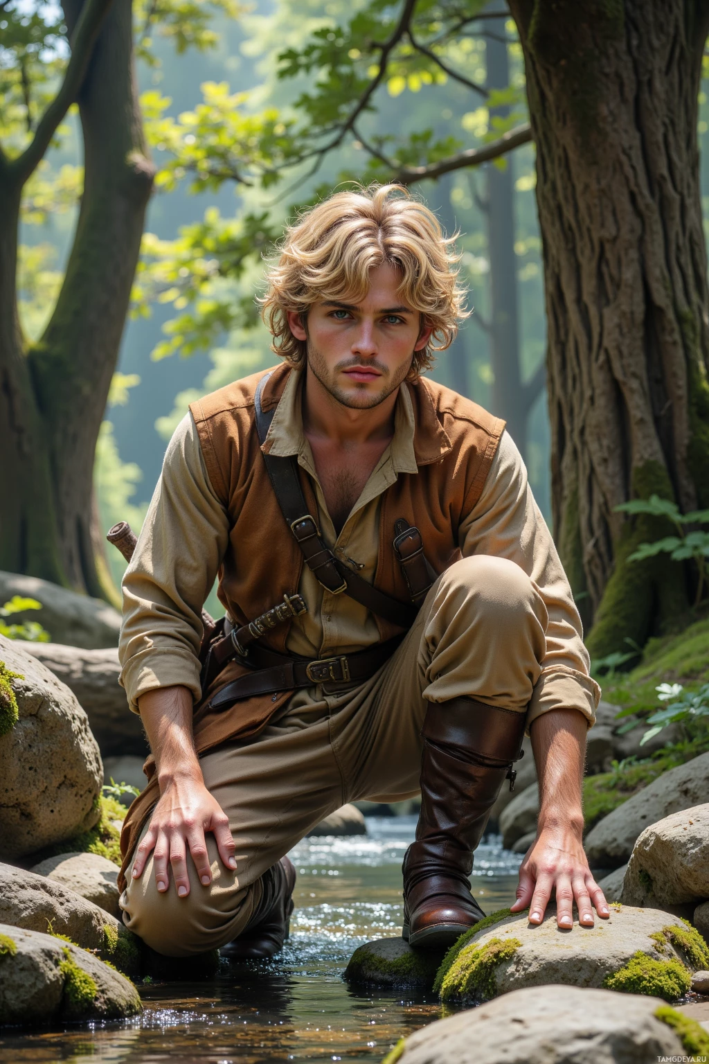 Мужчина в коричненой одежде опустился на колени у ручья в лесу.