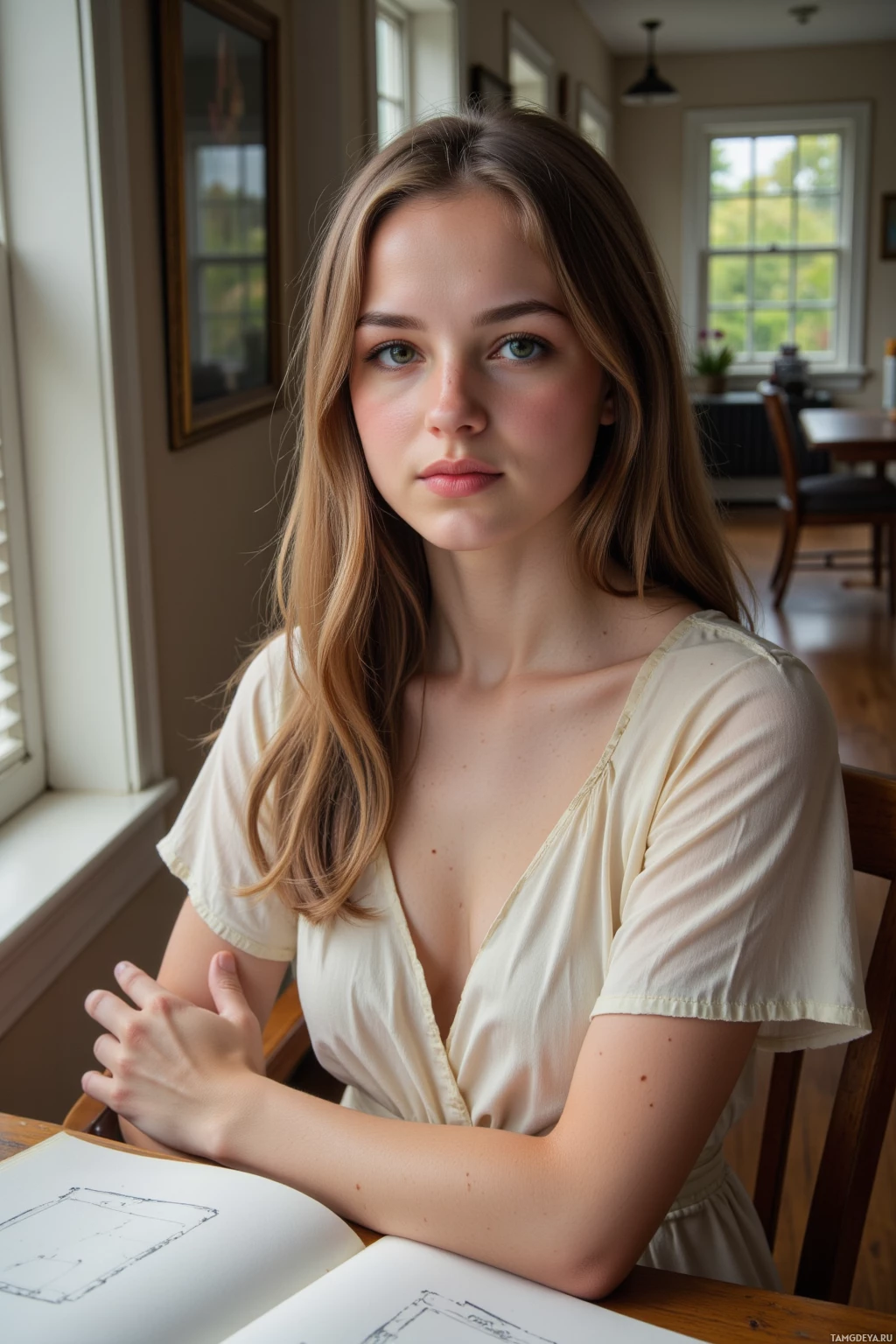 Молодая женщина с длинными волосами сидит за столом и смотрит прямо в камеру.