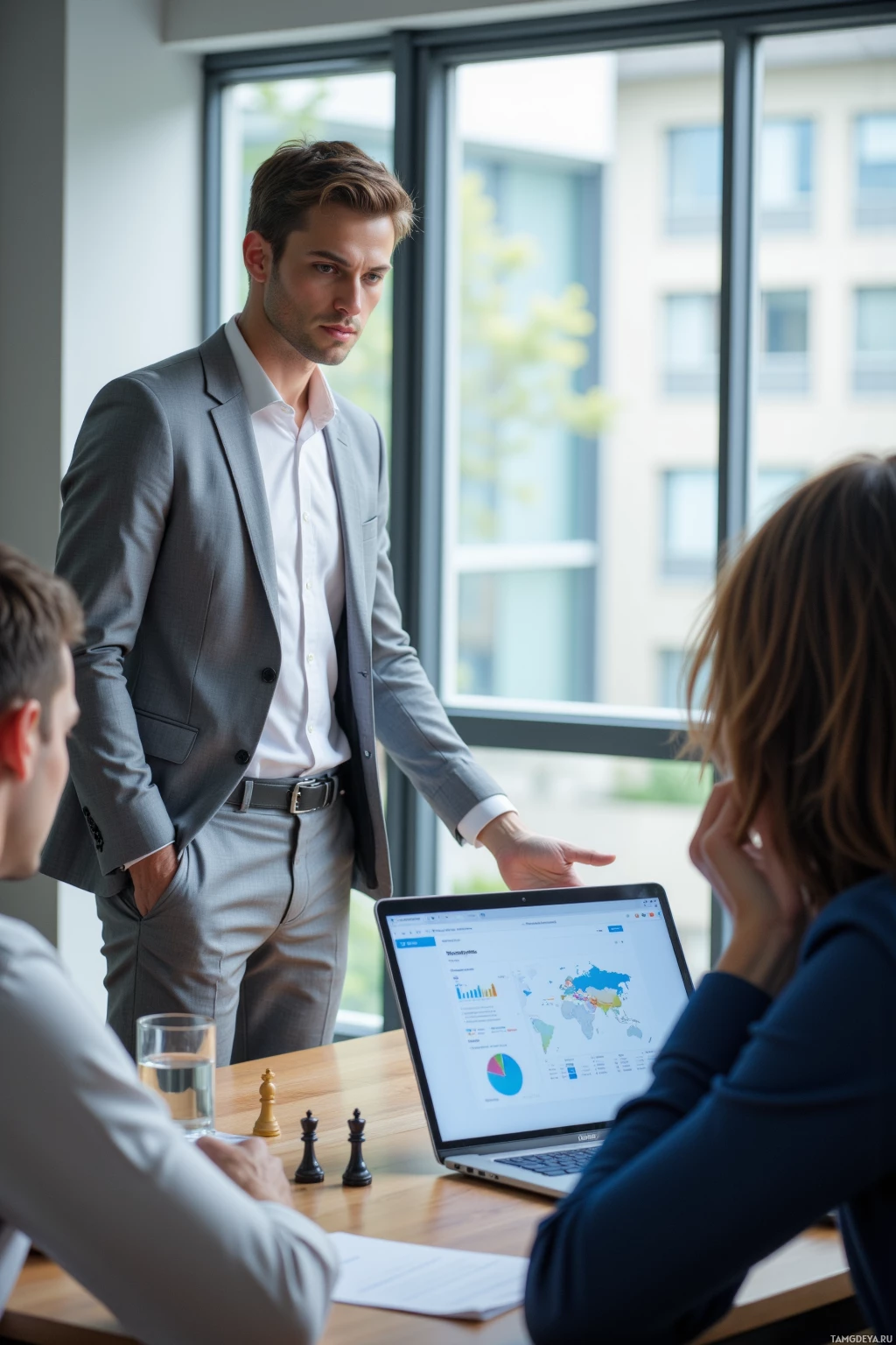 Мужчина в костюме стоит у стола с ноутбуком и шахматными фигурами, беседуя с двумя другими людьми.