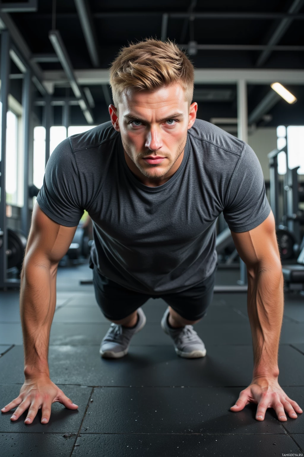 Мужчина в тренажерном зале стоит в планке.